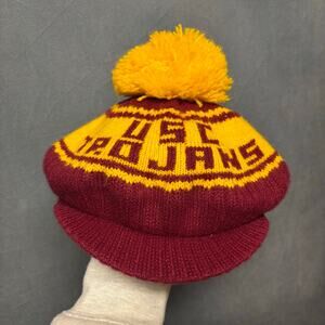 Rare Vintage USC Trojans Knit Beanie Pom Hat French Beret Cardinal Gold NCAA